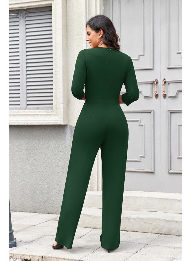 FANDEE Formal Jumpsuits for Women, High Waist Wide Leg Rompers Business Work 3/4 Sleeve One Piece Outfits with Pockets, Green, XXL - Image 4