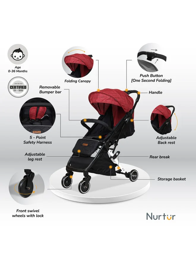 Nurtur Bravo Travel Stroller 0 To 36 Months Storage Basket Detachable Bumper 5 Point Safety Harness Compact Foldable Design