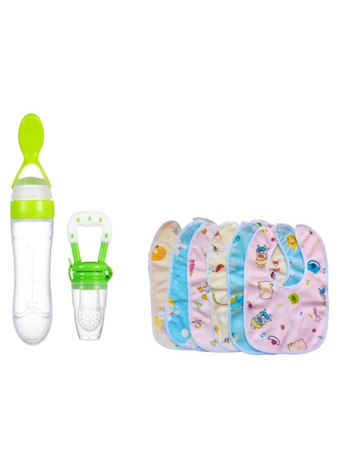 Joy Buzz Baby Feeding Product | Fruit Feeder Teether (1 Pcs) with 1 PCS Silicone Baby Food Dispensing Spoon 90ML and 6 Pcs Bib Set Combo Pack (Set of 8 Green) - Image 1