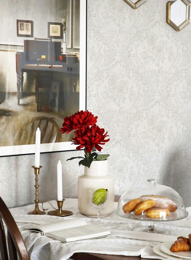 Ismoon Peel and Stick Wallpaper Vintage Floral Contact Paper Boho Watercolor Grey Damask Wallpaper Textured Removable Self Adhesive Vinyl Wall Paper for Bedroom, 17.3 in X 6.5 ft - Image 4