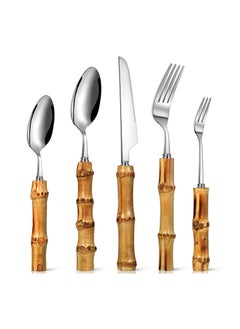KASTWAVE Bamboo Silverware Set Natural Bamboo Flatware Set Hand Crafted Bamboo Cutlery Utensils (5 sets, 20 Cutlery Pieces, Silver)  - Image 1