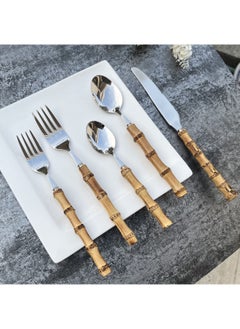KASTWAVE Bamboo Silverware Set Natural Bamboo Flatware Set Hand Crafted Bamboo Cutlery Utensils (5 sets, 20 Cutlery Pieces, Silver)  - Image 4