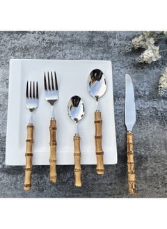 KASTWAVE Bamboo Silverware Set Natural Bamboo Flatware Set Hand Crafted Bamboo Cutlery Utensils (5 sets, 20 Cutlery Pieces, Silver)  - Image 3