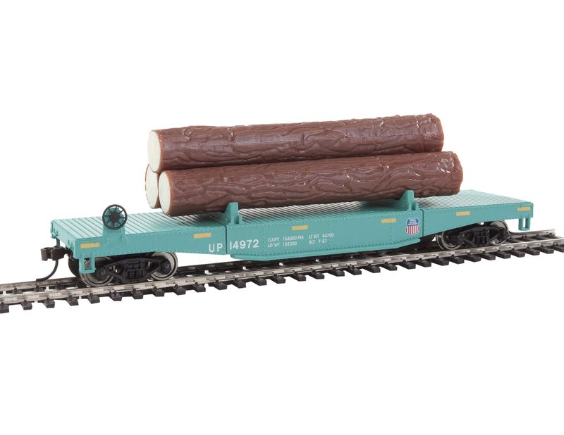 Walthers Trainline Log Dump Car with 3 LogsReady to RunUnion Pacific 14972 MOW Scheme Green Yellow Conspicuity Marks 9311773 HO Scale Model Railroad Freight Model - Image 2