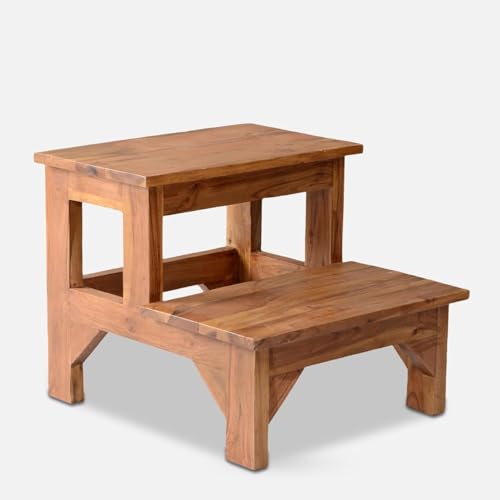 Md Decor Solid Sheesham Wood 2 Step Stool for Adults & Kids | Multipurpose Wooden Step Ladder for Kitchen, Bedroom, Bathroom, Garden (Natural Finish) - Image 3