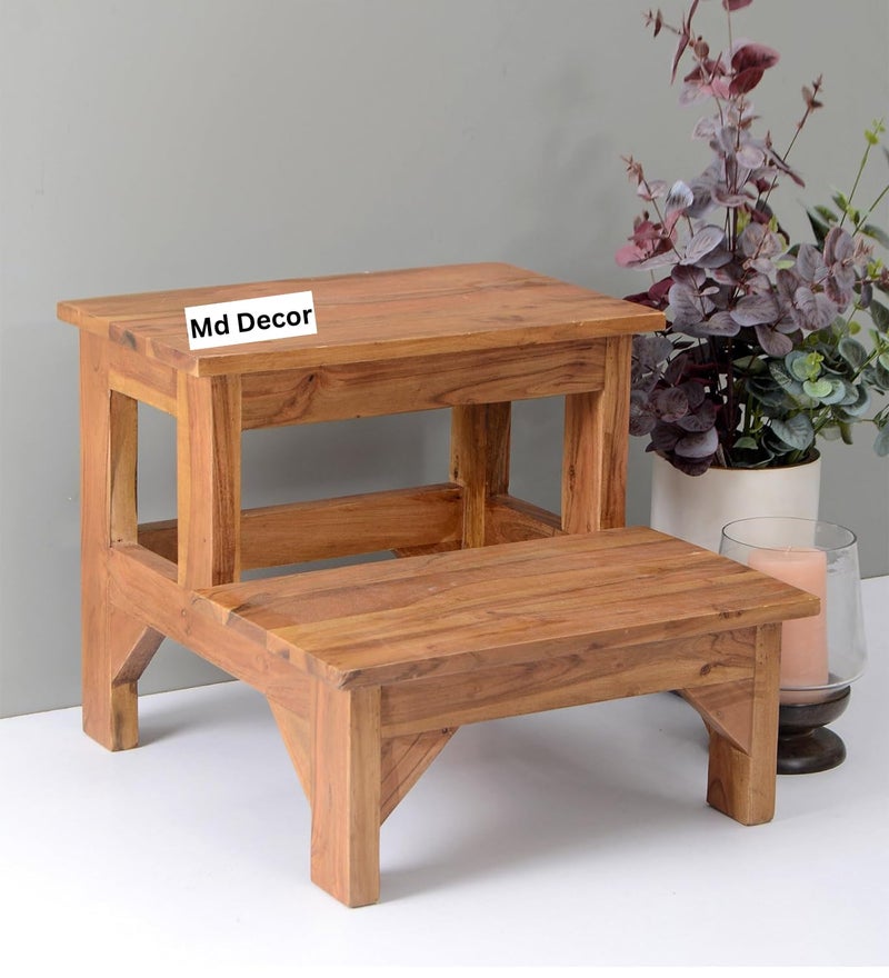 Md Decor Solid Sheesham Wood 2 Step Stool for Adults & Kids | Multipurpose Wooden Step Ladder for Kitchen, Bedroom, Bathroom, Garden (Natural Finish) - Image 1