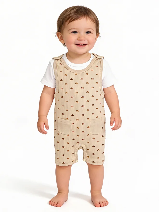 بابيز_بيسك Babies Basic Premium Ribbed Cotton Dungaree with Short Sleeves T-Shirt