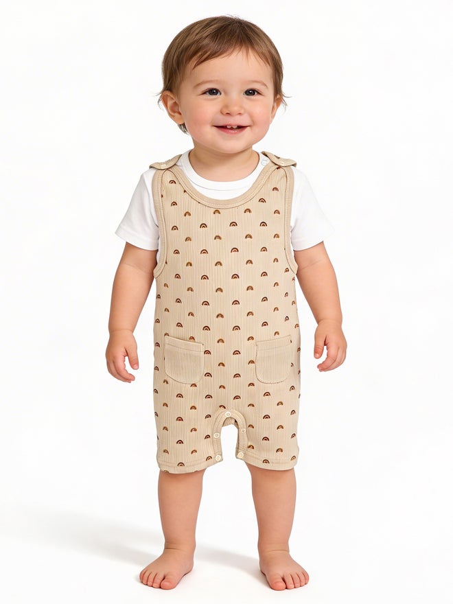 Babies Basic Premium Ribbed Cotton Dungaree with Short Sleeves T-Shirt - Image 1