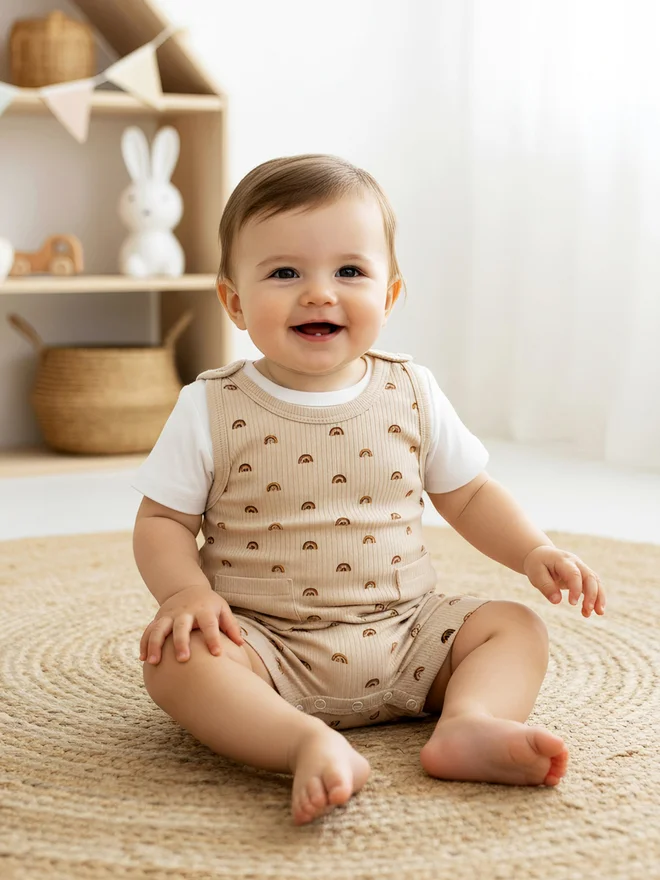 بابيز_بيسك Babies Basic Premium Ribbed Cotton Dungaree with Short Sleeves T-Shirt