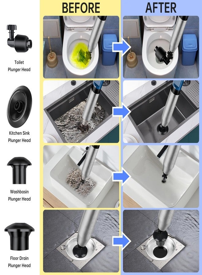 NiHome 120 PSI High Pressure Air Toilet Plunger with Built-In Gauge Full Kit, Robust Stainless Steel & ABS Construction with Multi-Head & Ergonomic Handle to Tackle Tough Blockages on Various Drains - Image 5
