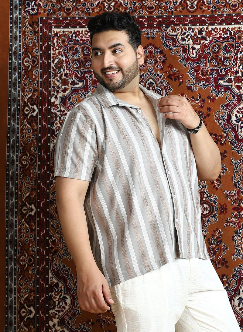 انستافاب بلس Men's Coin Grey Tactile Candy-Stripe Cuban Shirt For Casual Wear | Cuban Collar | Short Regular Sleeves | Button Closure | Plus Size Shirt Crafted With Comfort Fit For Everyday Wear