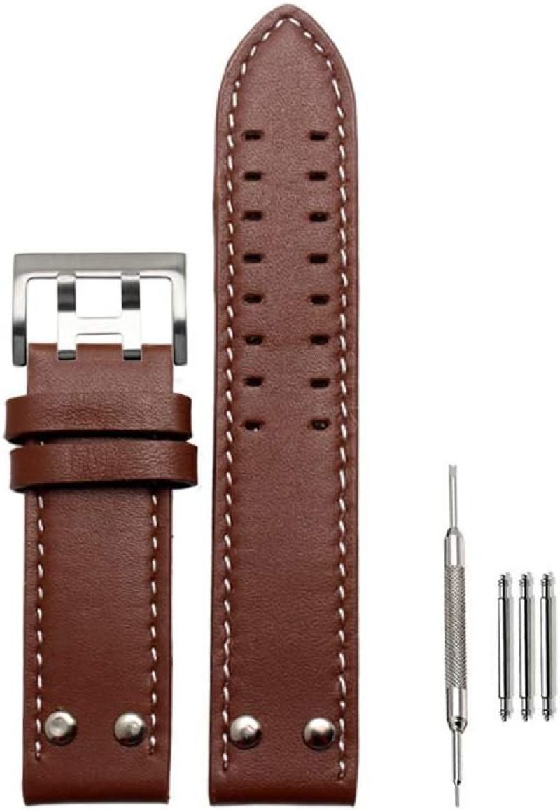 22mm Watch Strap: Real Cowhide Coffee Color, Perfect Fit For Hamilton Watches - Stylish Coffee White Wire Design With Secure Steel Buckle, Watch Replacement Band For Hamilton Timepieces, Includes Meta - Image 2
