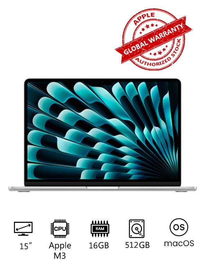 Apple MacBook Air MXD23 | 15 Inch Display | Apple M3 Chip | 8-Core CPU and 10-Core GPU | 16GB RAM | 512GB SSD | macOS | English And Arabic Keyboard | Silver - Image 1