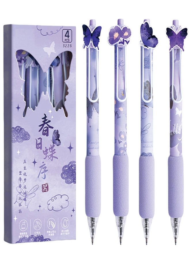 MOZXIRZ 4 Pcs Gel Pens Purple Butterfly Pens Cute Retractable Pens 0.5mm Black Ink Writing Pen for Women Girls Men Boy Pen Office School Supplies (Purple Butterfly) - Image 1