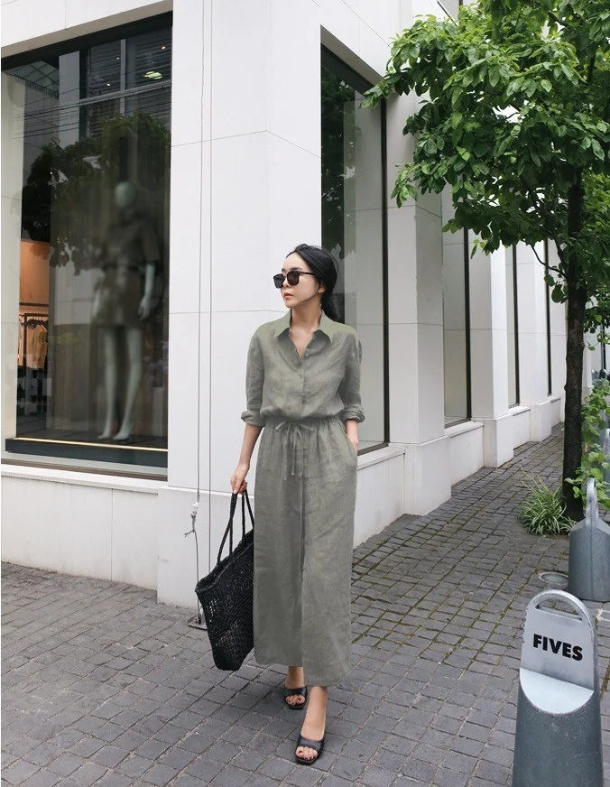 باربورا Linen Casual Long Sleeve Dress with Waist Tie Detail