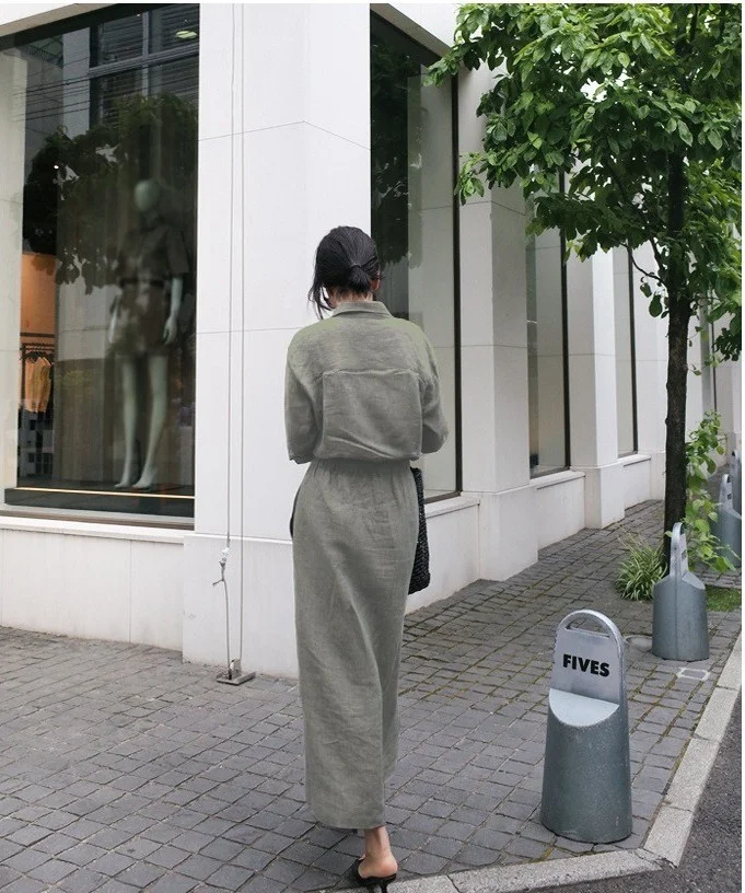 باربورا Linen Casual Long Sleeve Dress with Waist Tie Detail