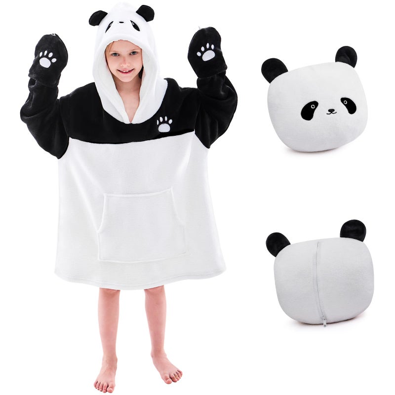 IFNOW Wearable Blanket Hoodie Kids Oversized Fleece Blanket Sweatshirt Christmas Birthday Gifts for Boys Girls Teen Hoodie with Portable Foldable Blanket Pillow Animal Embroidery 515 Years Panda - Image 2