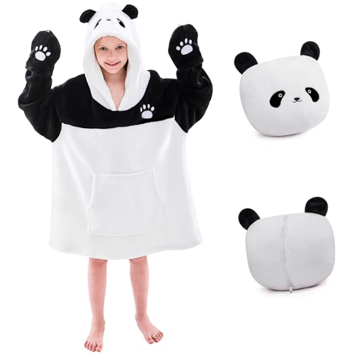 IFNOW Wearable Blanket Hoodie Kids Oversized Fleece Blanket Sweatshirt Christmas Birthday Gifts for Boys Girls Teen Hoodie with Portable Foldable Blanket Pillow Animal Embroidery 515 Years Panda - Image 1
