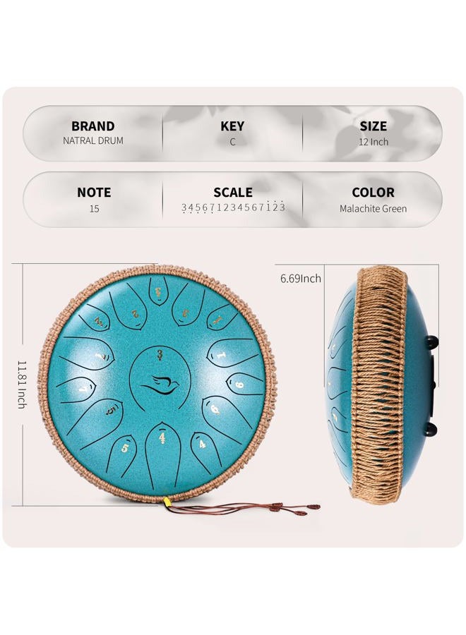 natraldrum Steel Tongue Drum, 12 Inch 15 Note Tongue Drums, Handpan Drums Percussion Instrument for Kids & Adults, Hand Pan Drum with Music Book, Drum Mallets and Carry Bag, Major C (Malachite Green) - Image 4