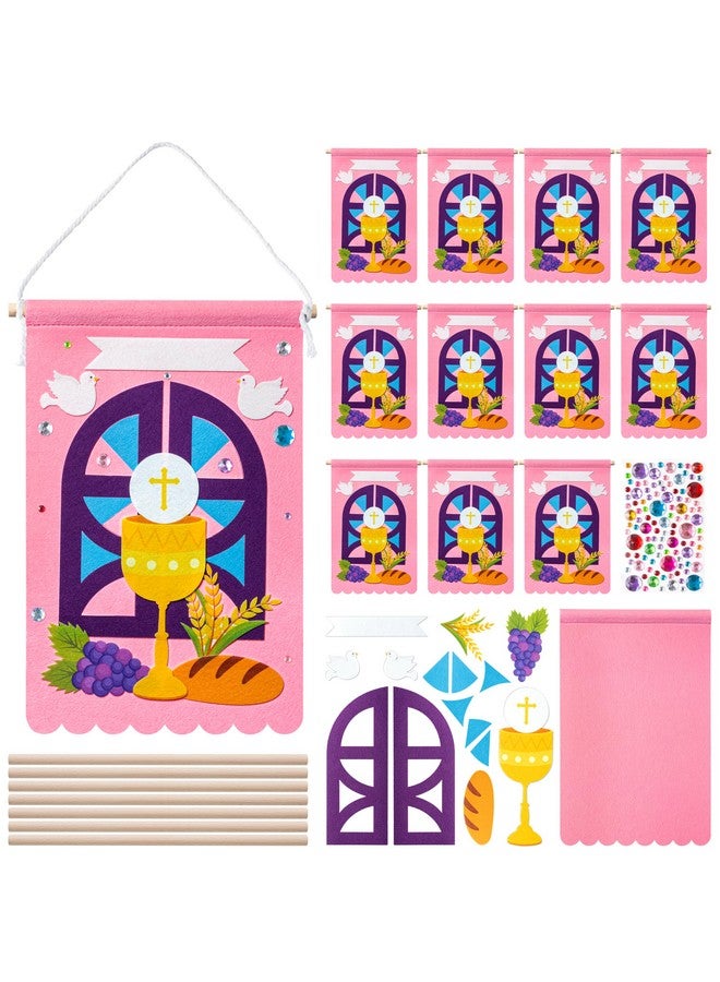 WATINC First Communion Banner Kit - 12 Set Holy 1st Communion Felt Banner Kit Baptism Christian Cross DIY Craft Decorations, Make Your Own Sunday School Church Hanging Crafts Supplies for Girls (Pink) - Image 1