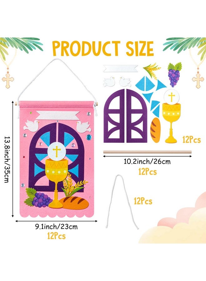 WATINC First Communion Banner Kit - 12 Set Holy 1st Communion Felt Banner Kit Baptism Christian Cross DIY Craft Decorations, Make Your Own Sunday School Church Hanging Crafts Supplies for Girls (Pink) - Image 2