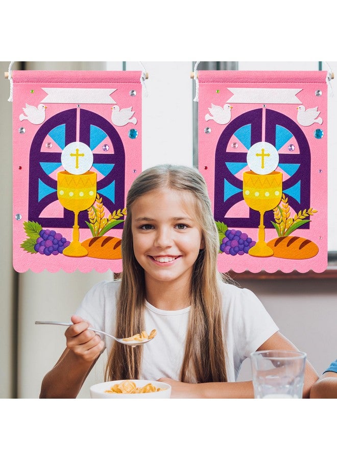 WATINC First Communion Banner Kit - 12 Set Holy 1st Communion Felt Banner Kit Baptism Christian Cross DIY Craft Decorations, Make Your Own Sunday School Church Hanging Crafts Supplies for Girls (Pink) - Image 5