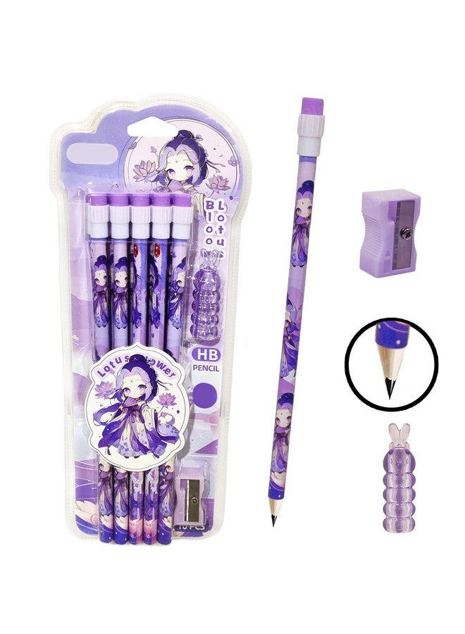FunBlast FunBlast Pencil Set for Kids - Pack of 10 Pcs HB Pencils Stationary Kit, Lotus Flower Pencil Set with Erasers, Sharpener and Pencil Grip for Kids, Pencil for Drawing & Shading, Sketching (Purple)  - Image 1