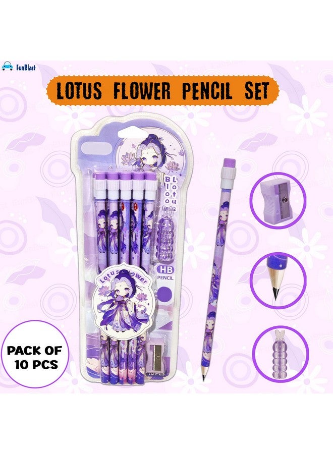 FunBlast FunBlast Pencil Set for Kids - Pack of 10 Pcs HB Pencils Stationary Kit, Lotus Flower Pencil Set with Erasers, Sharpener and Pencil Grip for Kids, Pencil for Drawing & Shading, Sketching (Purple)  - Image 4