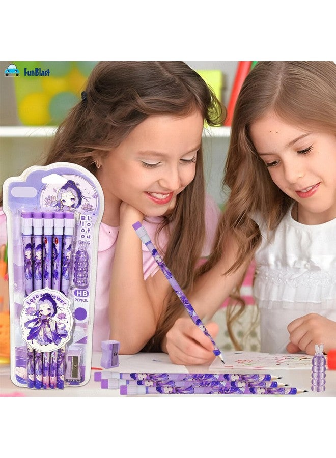 FunBlast FunBlast Pencil Set for Kids - Pack of 10 Pcs HB Pencils Stationary Kit, Lotus Flower Pencil Set with Erasers, Sharpener and Pencil Grip for Kids, Pencil for Drawing & Shading, Sketching (Purple)  - Image 2