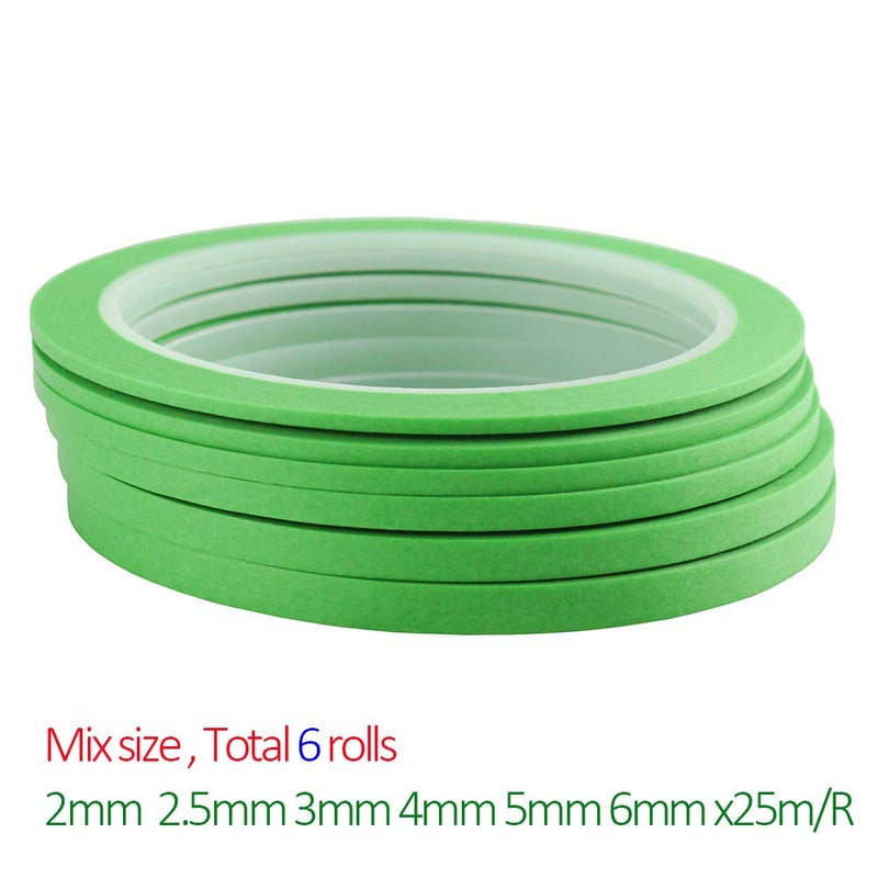 JINBING 6Rolls Washi Masking Tape for DIY Nail Arts Drawing Pattern Making 2mm 2.5mm 3mm 4mm 5mm 6mm x 25m (Green) - Image 3