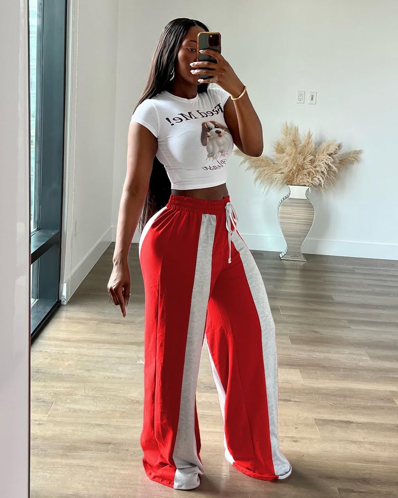 HBQ Womens Wide Leg Sweatpants High Waisted Drawstring Sweatpant Baggy Pants Athletic Joggers,Red,Small - Image 4