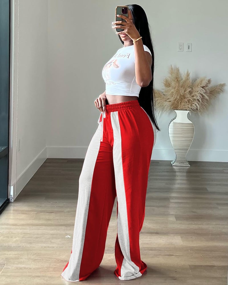 HBQ Womens Wide Leg Sweatpants High Waisted Drawstring Sweatpant Baggy Pants Athletic Joggers,Red,Small - Image 5