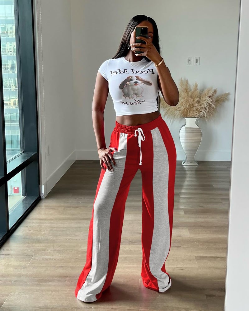 HBQ Womens Wide Leg Sweatpants High Waisted Drawstring Sweatpant Baggy Pants Athletic Joggers,Red,Small - Image 2