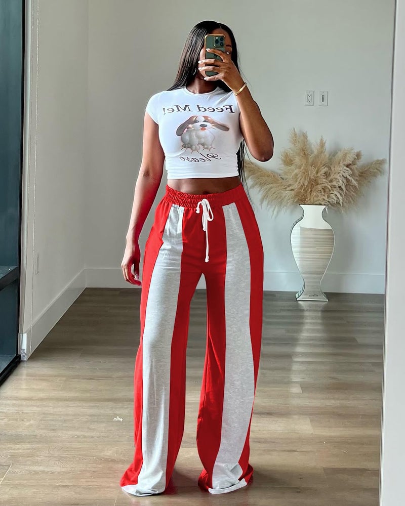 HBQ Womens Wide Leg Sweatpants High Waisted Drawstring Sweatpant Baggy Pants Athletic Joggers,Red,Small - Image 3