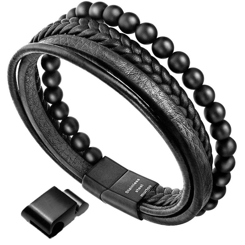 murtoo Mens Bead Leather Bracelet, Natural Bead, Steel and Leather Bracelet for Men Christmas Gift (black onyx bead) - Image 1