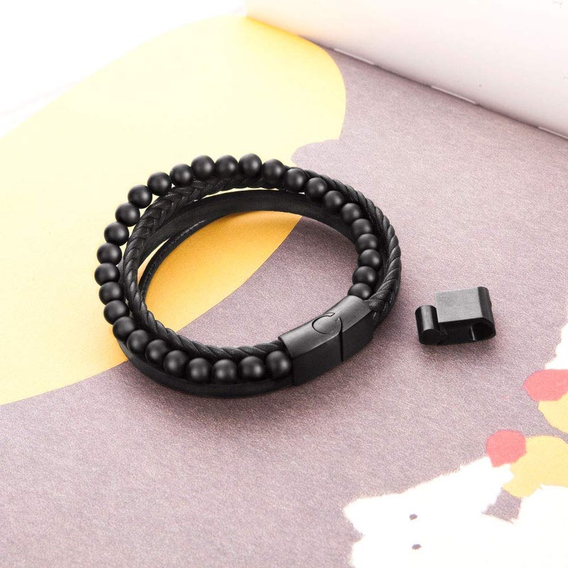 murtoo Mens Bead Leather Bracelet, Natural Bead, Steel and Leather Bracelet for Men Christmas Gift (black onyx bead) - Image 5
