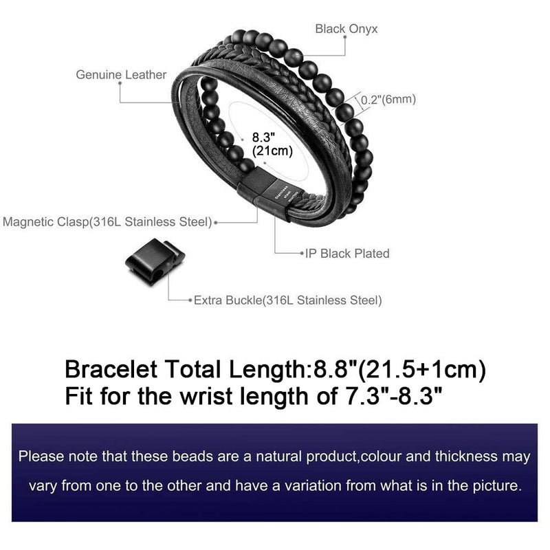 murtoo Mens Bead Leather Bracelet, Natural Bead, Steel and Leather Bracelet for Men Christmas Gift (black onyx bead) - Image 2