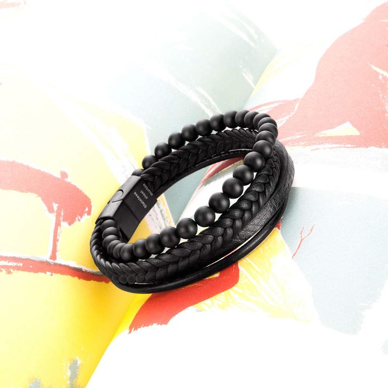 murtoo Mens Bead Leather Bracelet, Natural Bead, Steel and Leather Bracelet for Men Christmas Gift (black onyx bead) - Image 4