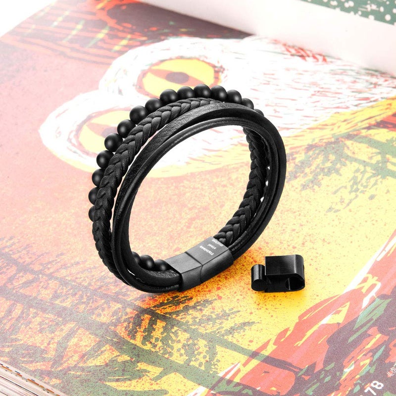 murtoo Mens Bead Leather Bracelet, Natural Bead, Steel and Leather Bracelet for Men Christmas Gift (black onyx bead) - Image 3