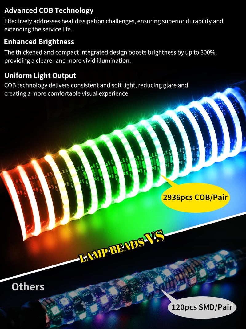 VI9000 2pc 1FT COB Fat Whip Lights with App & Remote Control Compatible with Polaris RZR Can-Am Maverick X3, Spiral RGB Chasing LED Whip Lights with Rocker Switch for Side by Side, SXS UTV ATV Boat - Image 2