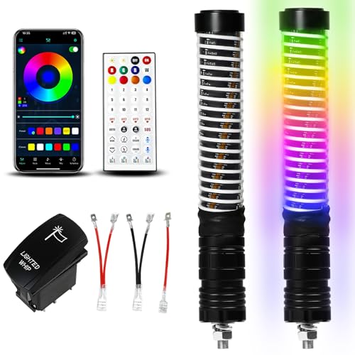 VI9000 2pc 1FT COB Fat Whip Lights with App & Remote Control Compatible with Polaris RZR Can-Am Maverick X3, Spiral RGB Chasing LED Whip Lights with Rocker Switch for Side by Side, SXS UTV ATV Boat - Image 1
