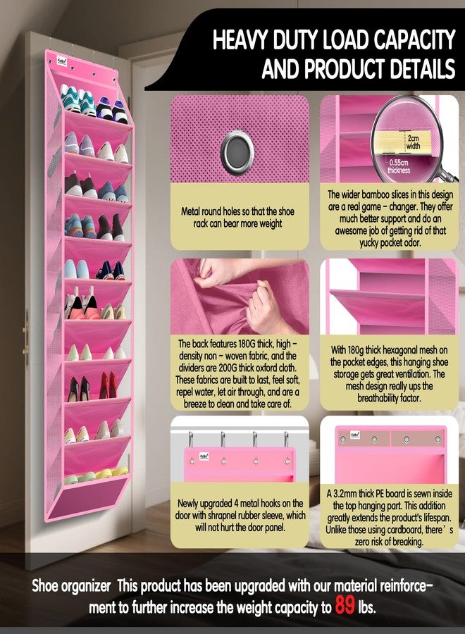 Kotkn 10 Tier Hanging Shoe Rack - Heavy Duty Behind The Door Hanging Shoe Rack, Sturdy Oxford Cloth, 20+ Pairs Over The Door Shoe Cabinet for Boots and Sneakers - Save 50% Closet Space! (Pink) - Image 3