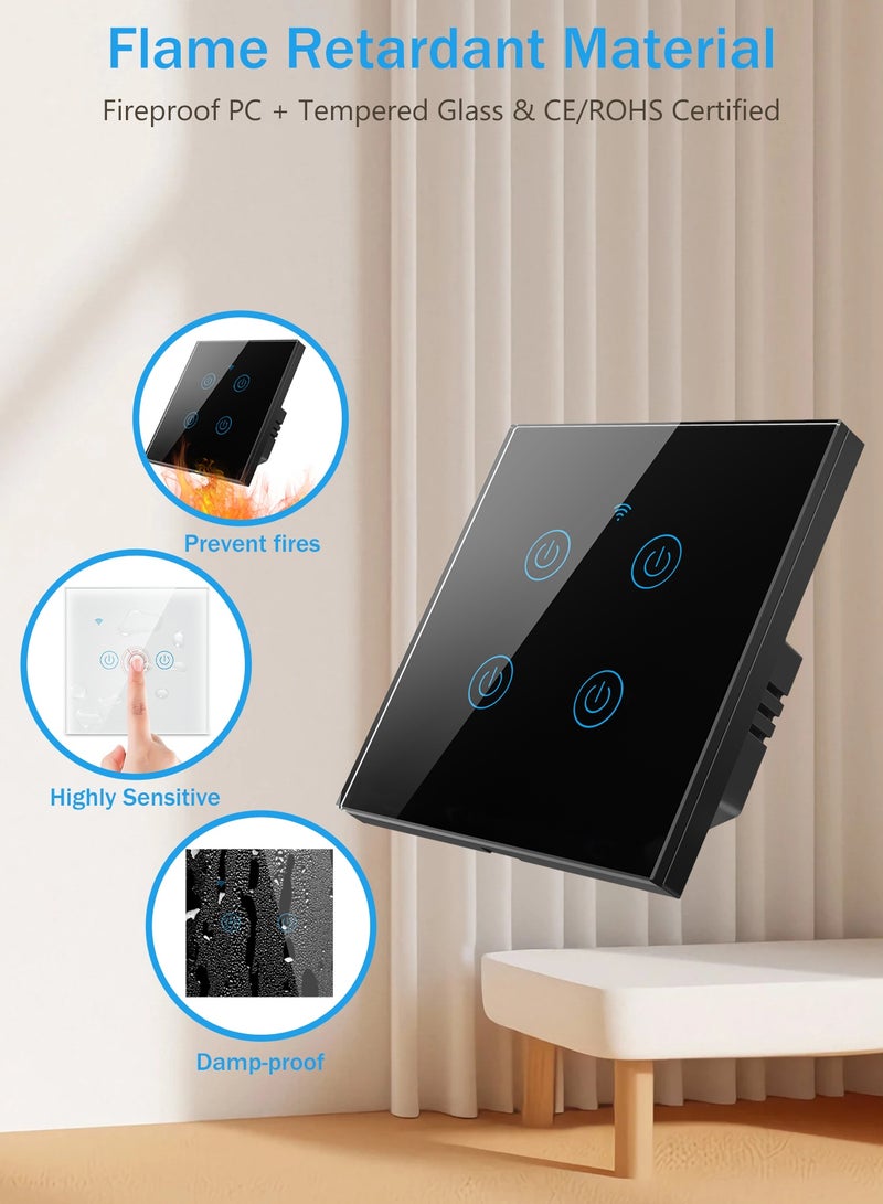 Tichondrius Smart WiFi Touch Light Switch 4 Gang Black, Compatible with Tuya App Alexa Google Home, Voice Control, Easy Installation for Home Automation and Daily Use - Image 3