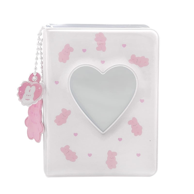 YAHUIPEIUS 3 Inch Mini Photo Album, Heart Hollow Card Binder Photo Card Holder with Pendant 40 Pockets (white pink rabbit) - Image 2