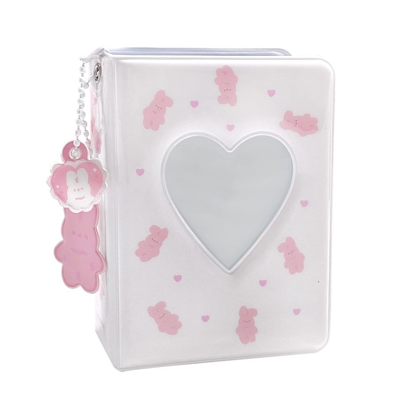 YAHUIPEIUS 3 Inch Mini Photo Album, Heart Hollow Card Binder Photo Card Holder with Pendant 40 Pockets (white pink rabbit) - Image 1