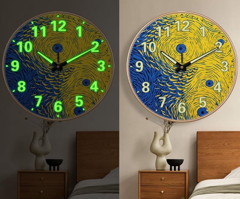 STAR WORK ساعة حائط حديثة 12 بوصة صامتة مع تألق في الليل من الراديوم، آلية غير مزعجة وأرقام كبيرة - مثالية لغرفة المعيشة، غرفة النوم، القاعة وزينة المنزل (R Art) - Image 1