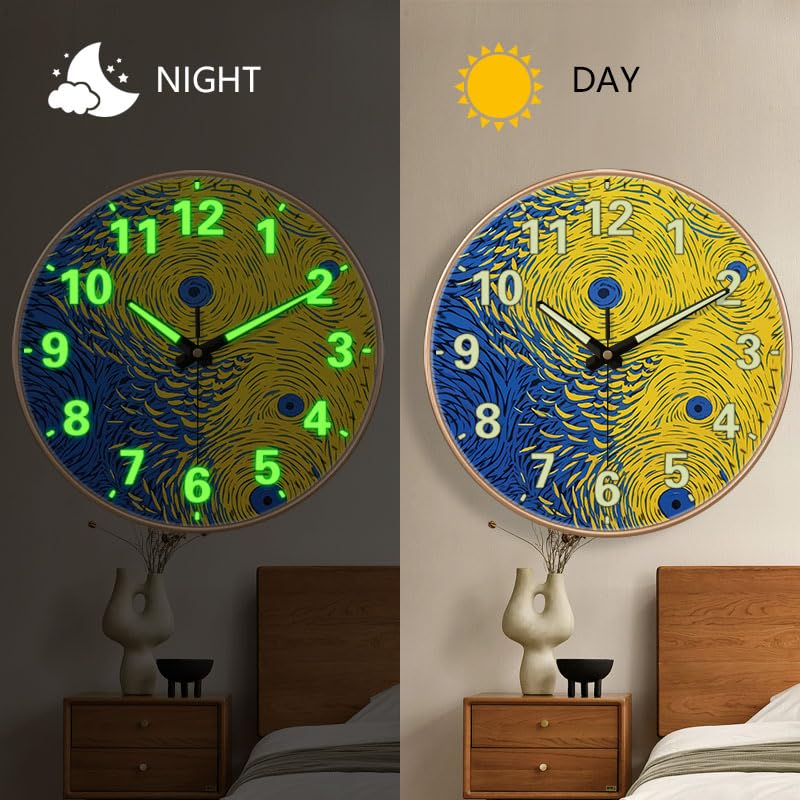 STAR WORK ساعة حائط حديثة 12 بوصة صامتة مع تألق في الليل من الراديوم، آلية غير مزعجة وأرقام كبيرة - مثالية لغرفة المعيشة، غرفة النوم، القاعة وزينة المنزل (R Art) - Image 2