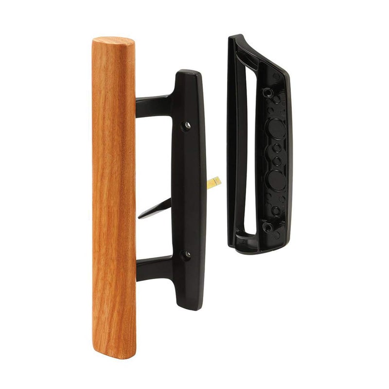 Mortise Style Reversible Sliding Patio Door Handle Set with Oak Wood Interior Handle and Exterior Pull in White Diecast Finish Fits 31516 Screw Hole Spacing Nonkeyed with Latch Locks Black