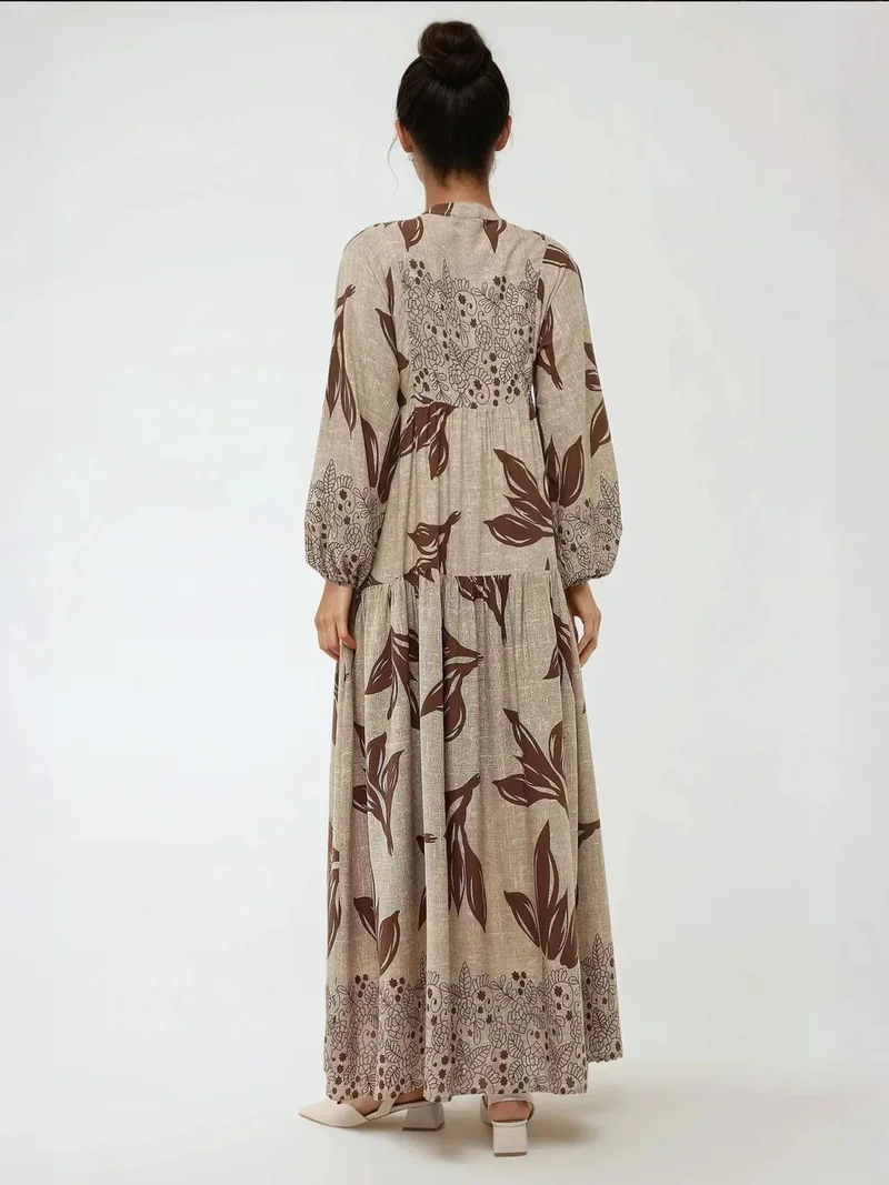 HICCUP beige Printed Long Sleeve Viscose Maxi Dress for Women | Best Price UAE