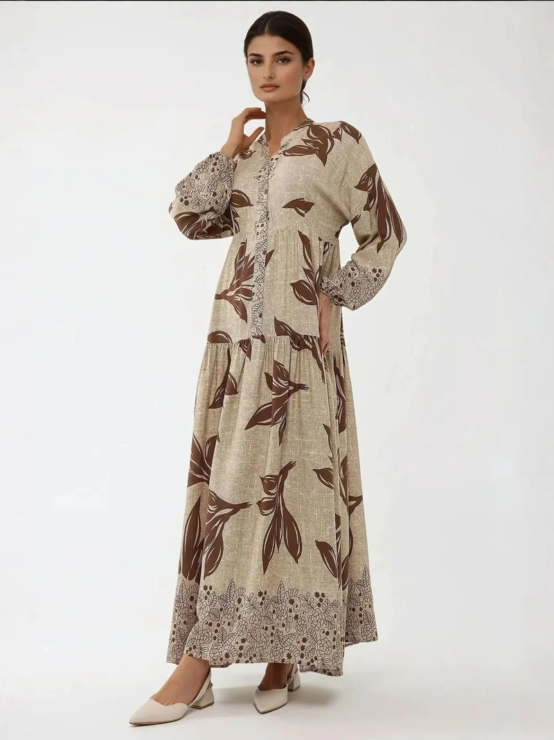 HICCUP beige Printed Long Sleeve Viscose Maxi Dress for Women | Best Price UAE